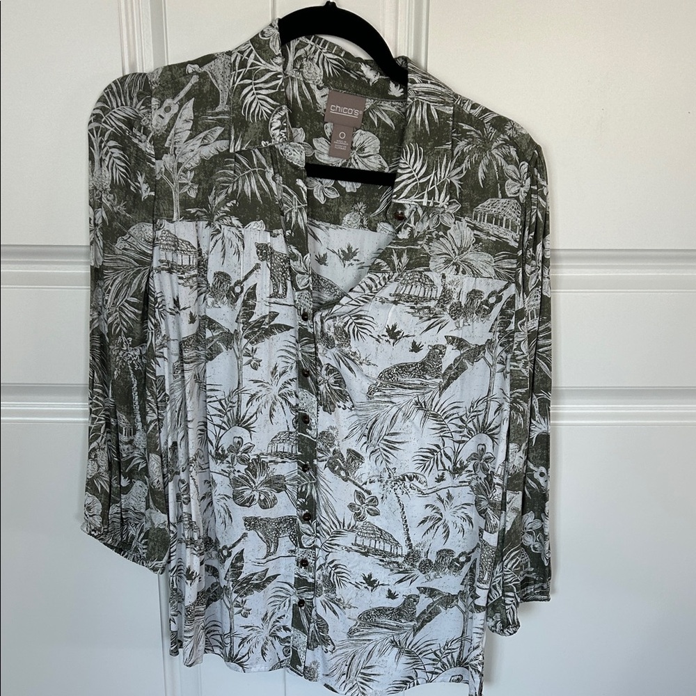 Chico’s Olive and White Botanical Button Down Shirt